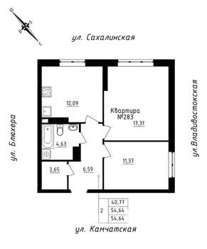 2-к квартира, строящийся дом, 55м2, 24/25 этаж