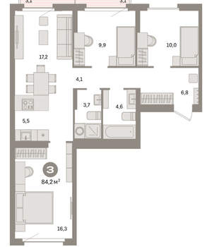 3-к квартира, вторичка, 84м2, 9/16 этаж