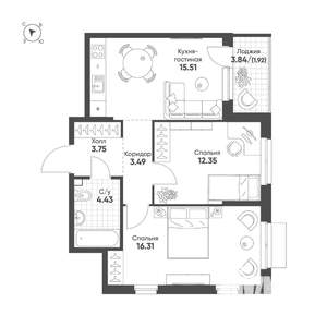2-к квартира, строящийся дом, 58м2, 7/25 этаж