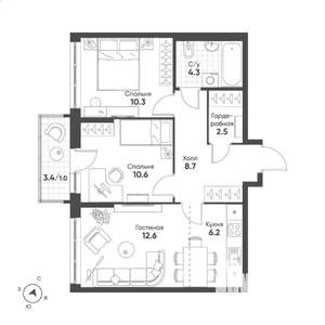 2-к квартира, вторичка, 56м2, 9/15 этаж