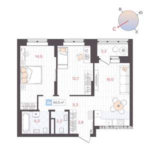 2-к квартира, строящийся дом, 61м2, 6/25 этаж