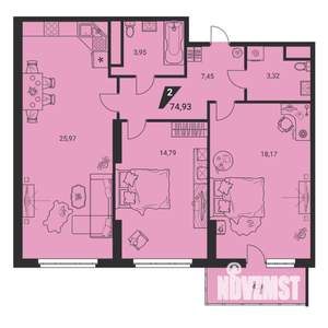 3-к квартира, вторичка, 75м2, 22/25 этаж