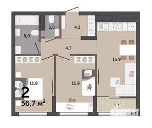 2-к квартира, вторичка, 56м2, 6/12 этаж