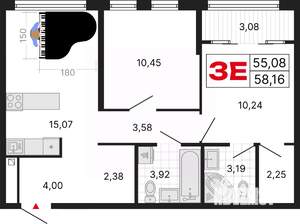 3-к квартира, вторичка, 58м2, 22/25 этаж