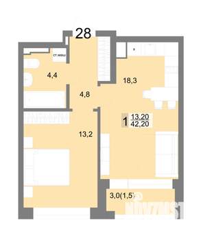 1-к квартира, строящийся дом, 42м2, 7/25 этаж