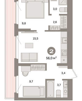 2-к квартира, вторичка, 56м2, 8/9 этаж