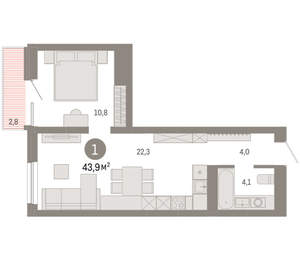 1-к квартира, вторичка, 44м2, 4/8 этаж