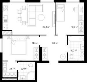 2-к квартира, строящийся дом, 62м2, 20/24 этаж