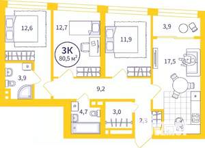 3-к квартира, вторичка, 80м2, 28/32 этаж