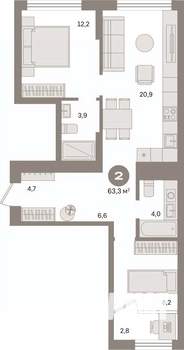 2-к квартира, вторичка, 63м2, 6/9 этаж