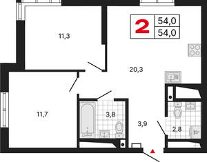 2-к квартира, вторичка, 54м2, 28/15 этаж