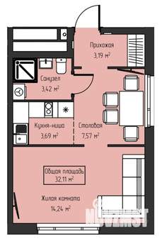 Студия квартира, строящийся дом, 32м2, 26/28 этаж