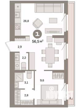 1-к квартира, вторичка, 57м2, 8/9 этаж