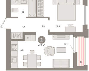 1-к квартира, вторичка, 43м2, 3/16 этаж