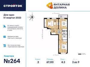 2-к квартира, сданный дом, 68м2, 3/21 этаж