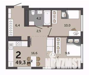 2-к квартира, строящийся дом, 49м2, 23/30 этаж