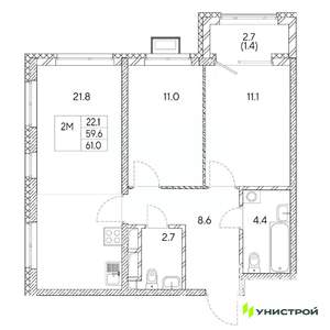 2-к квартира, вторичка, 61м2, 18/31 этаж
