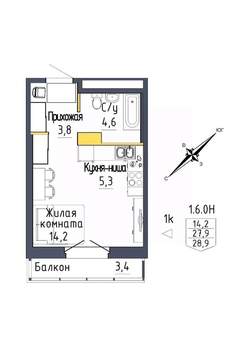 1-к квартира, строящийся дом, 29м2, 4/9 этаж