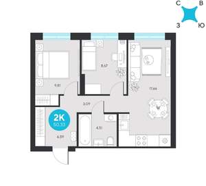 2-к квартира, строящийся дом, 50м2, 2/23 этаж
