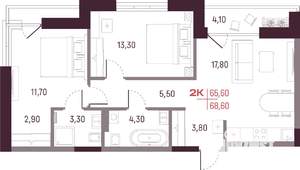 2-к квартира, вторичка, 66м2, 9/25 этаж