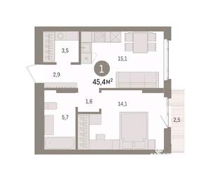 1-к квартира, вторичка, 45м2, 6/16 этаж