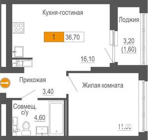 1-к квартира, строящийся дом, 37м2, 23/25 этаж