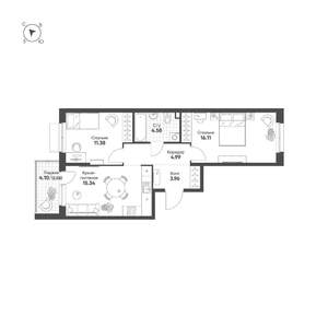 2-к квартира, строящийся дом, 58м2, 13/25 этаж