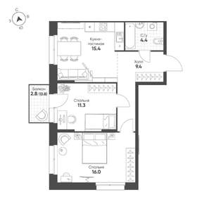 2-к квартира, вторичка, 57м2, 4/16 этаж