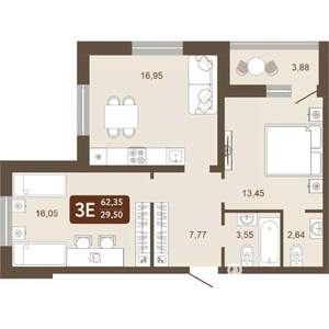 3-к квартира, вторичка, 62м2, 19/24 этаж