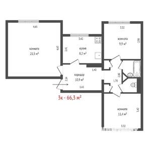 3-к квартира, вторичка, 66м2, 1/16 этаж