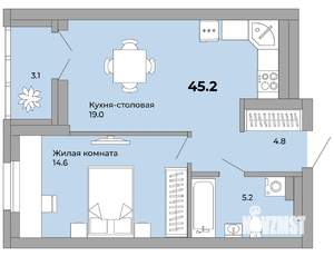 1-к квартира, сданный дом, 45м2, 15/21 этаж