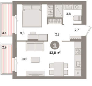 1-к квартира, вторичка, 44м2, 3/9 этаж
