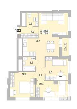 3-к квартира, вторичка, 74м2, 15/24 этаж