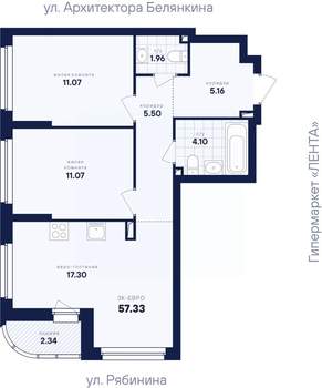 2-к квартира, вторичка, 57м2, 11/26 этаж
