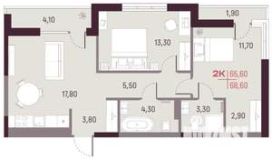2-к квартира, вторичка, 66м2, 5/25 этаж