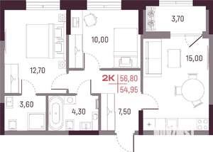 2-к квартира, вторичка, 55м2, 2/25 этаж