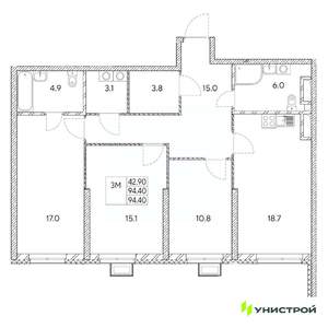 3-к квартира, вторичка, 94м2, 27/31 этаж
