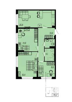 3-к квартира, строящийся дом, 76м2, 1/12 этаж