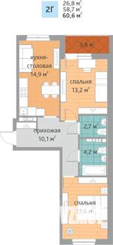 2-к квартира, вторичка, 61м2, 6/9 этаж