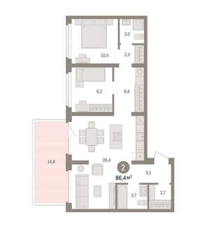 2-к квартира, вторичка, 86м2, 2/15 этаж
