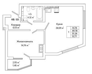 1-к квартира, строящийся дом, 51м2, 14/25 этаж