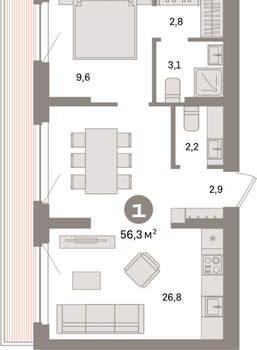 1-к квартира, вторичка, 56м2, 8/9 этаж