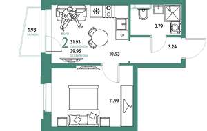 2-к квартира, строящийся дом, 32м2, 11/20 этаж