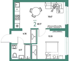 2-к квартира, вторичка, 40м2, 3/24 этаж