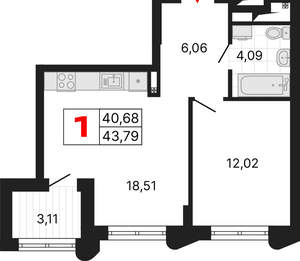 1-к квартира, вторичка, 44м2, 12/25 этаж