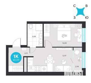 1-к квартира, строящийся дом, 40м2, 8/23 этаж