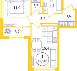 1-к квартира, вторичка, 41м2, 6/8 этаж