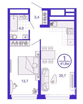 1-к квартира, строящийся дом, 42м2, 2/28 этаж