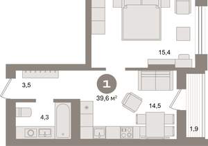 1-к квартира, сданный дом, 40м2, 8/9 этаж