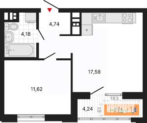 1-к квартира, вторичка, 42м2, 4/11 этаж